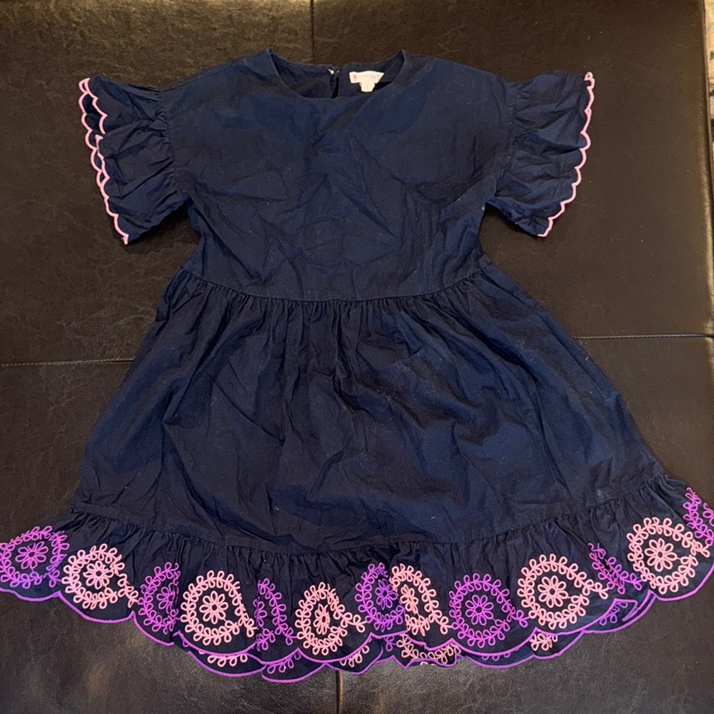 Girls Navy Dress with Pink and Purple Trim